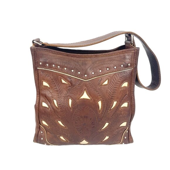 Handcrafted Brown White  Hand Tooled Leather Shoulder Bag Vintage - Picture 3 of 14